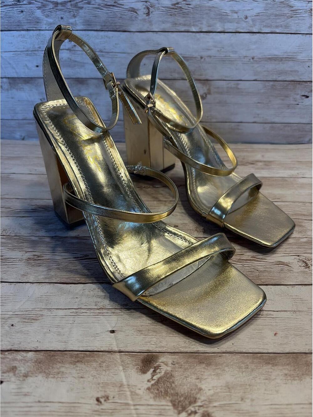 Lulus Gold 2 Strap Block Heeled Square Toe Sandals